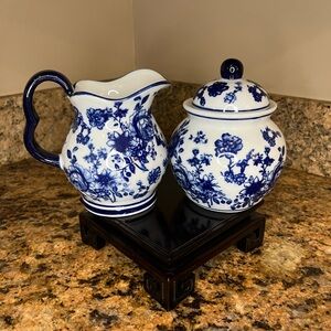 Chinoiserie Floral White & Blue Ceramic Pitcher Or Creamer 4 3/4" and sugar
